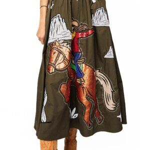 Queen of Sparkles Dark Green & Ivory Western Icon Cotton Midi Skirt